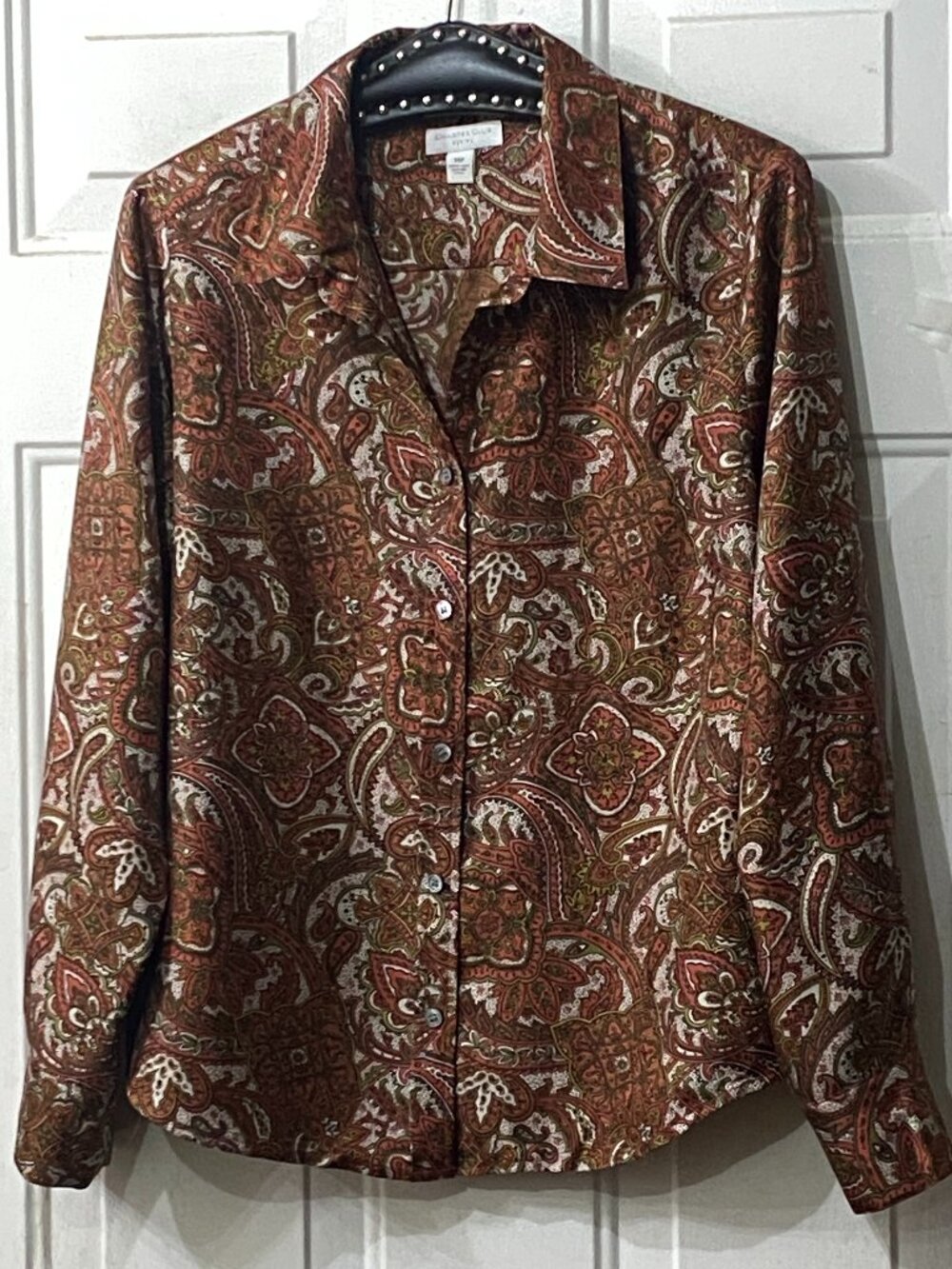 Charter Club Silk Sz 14P Womens Blouse Button Up Shirt Long Sleeve Paisley